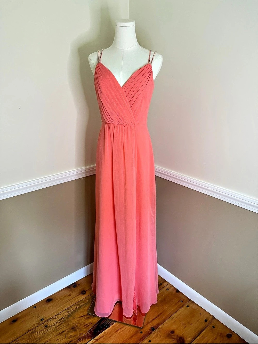 David’s bridal Long Chiffon Gown Pleated Maxi Pink Size 4 bridesmaid prom